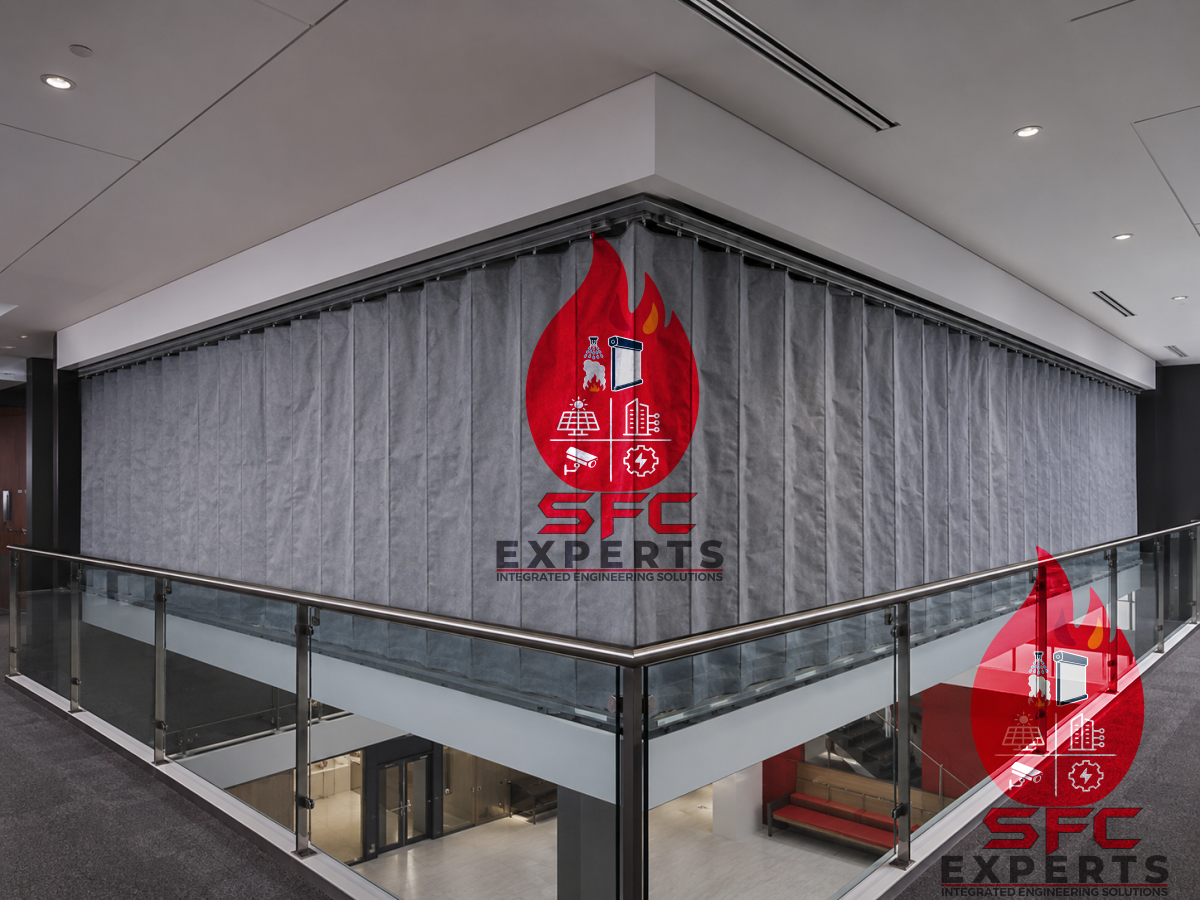 Accordion concertina fire curtain around an atrium opening