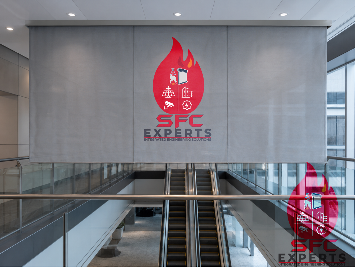 Automatic smoke curtain protecting an atrium and escalator opening