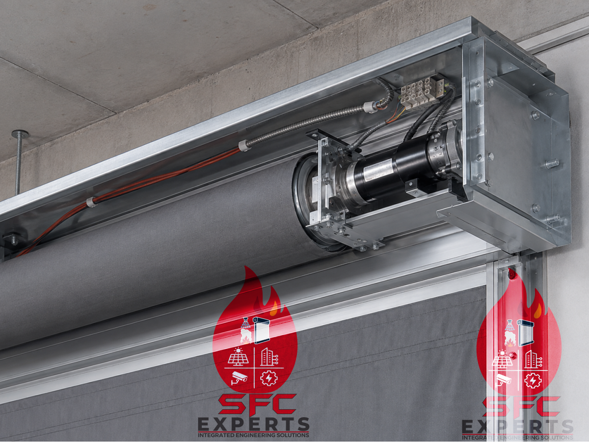 Fire curtain headbox roller and motor assembly