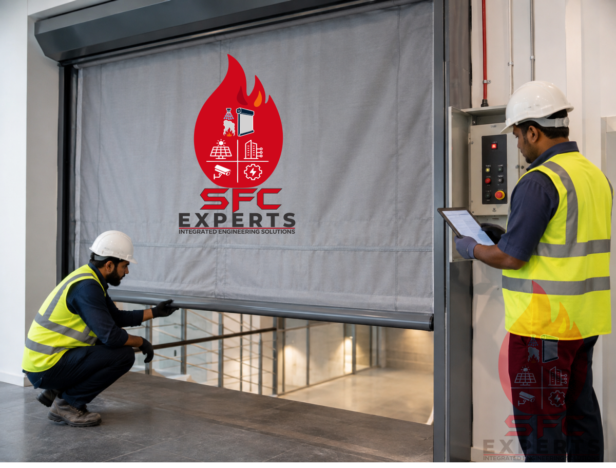 Engineers testing commissioning and maintaining an automatic fire curtain