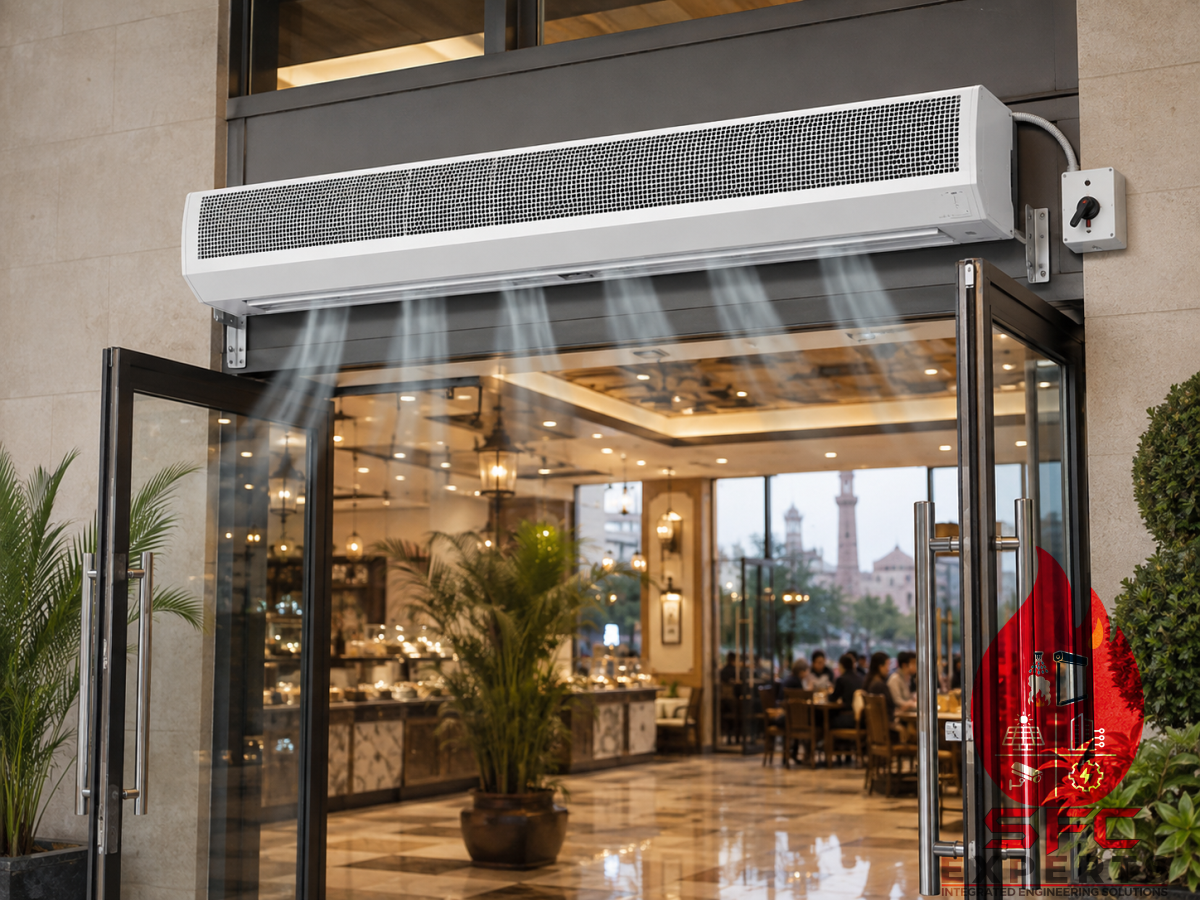 Commercial air curtain installed above a building entrance