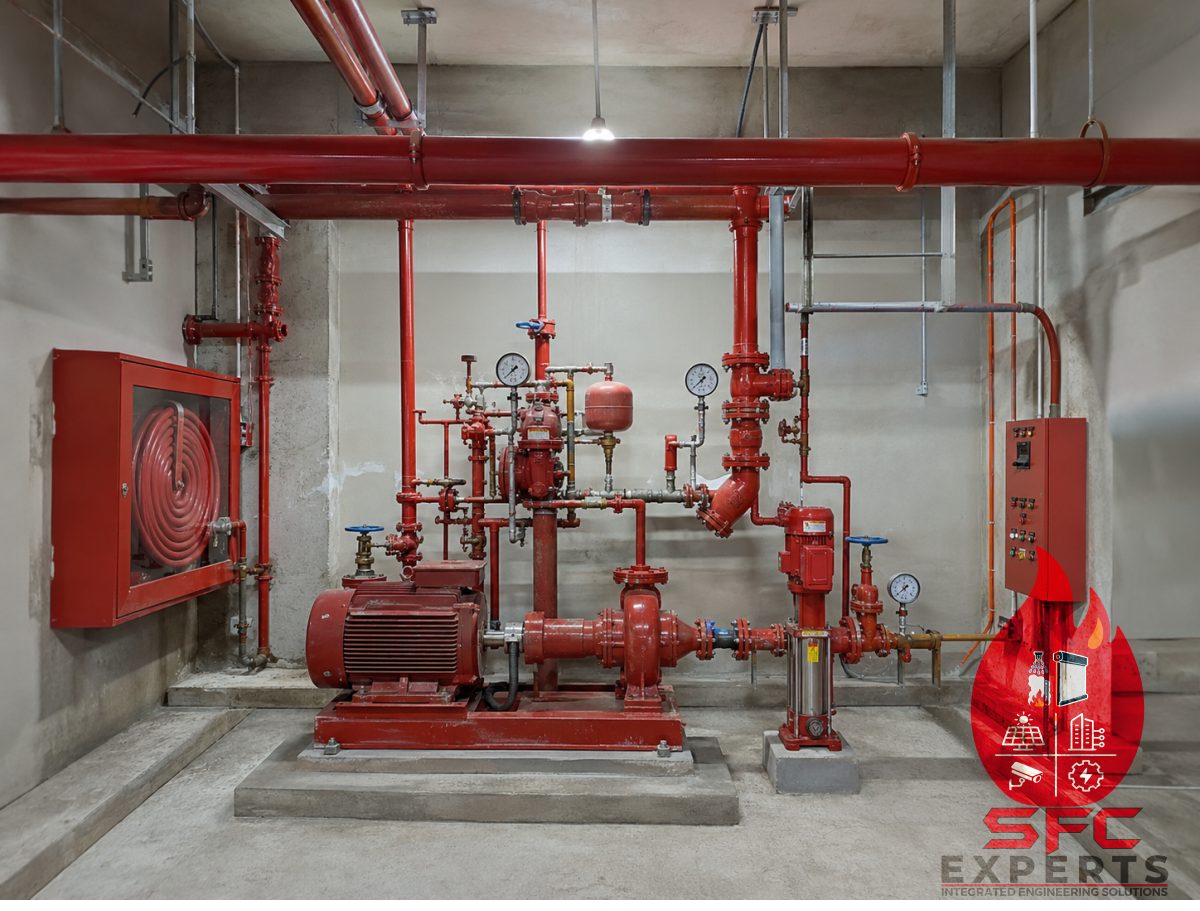 Fire protection pump and sprinkler installation
