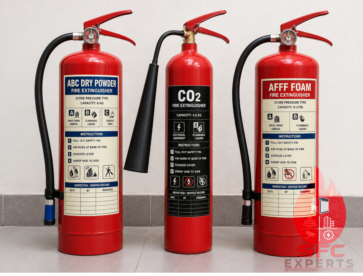 Labeled portable fire extinguishers for different fire classes