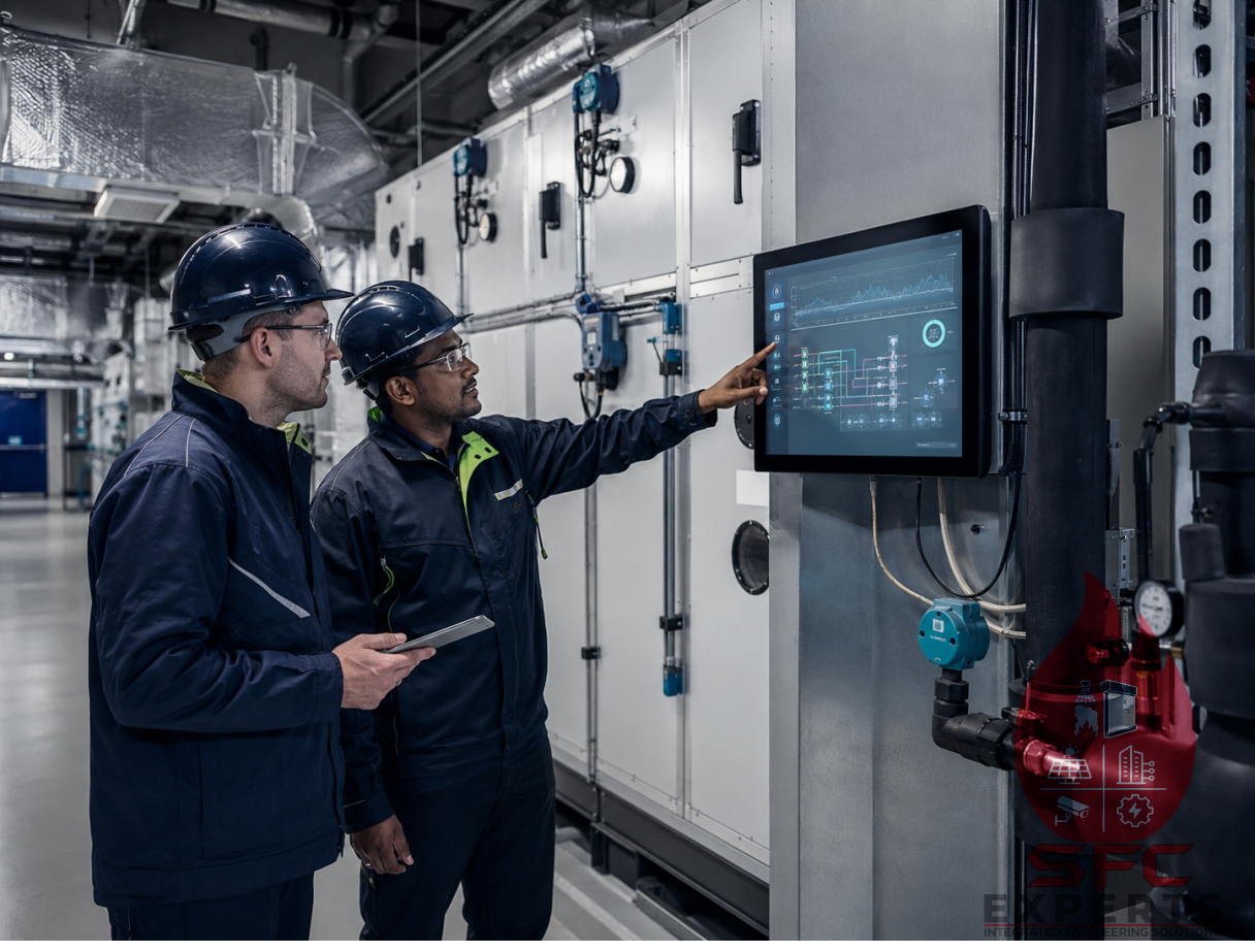 HVAC and BMS maintenance engineers inspecting building systems