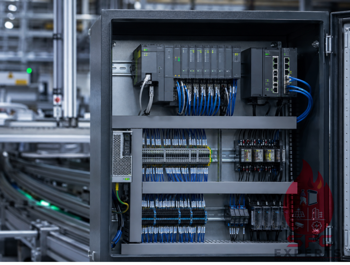 PLC industrial automation cabinet with I/O and network modules