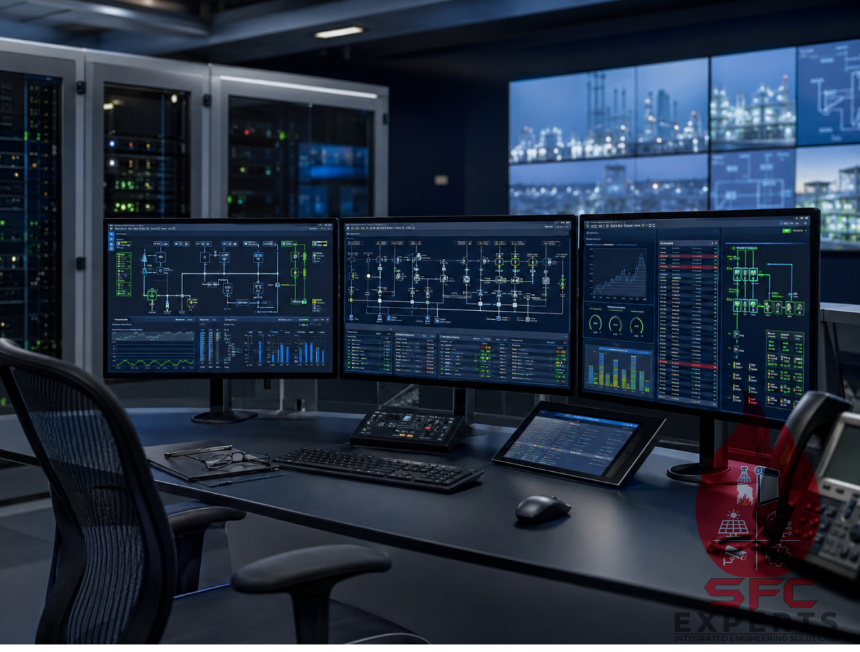 SCADA monitoring workstation with HMI screens and alarm trends
