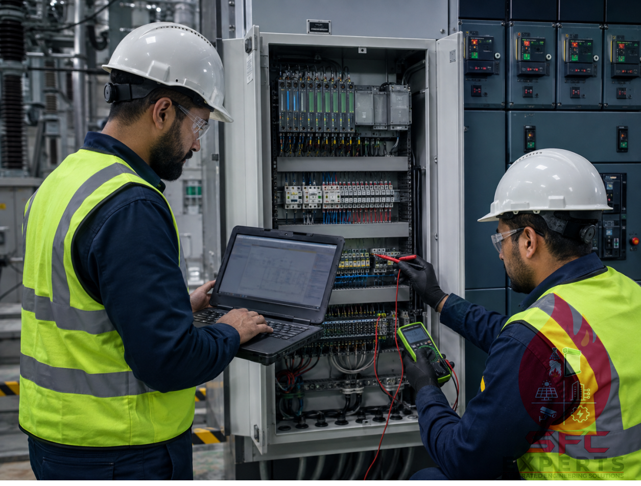 Engineers testing and commissioning a SCADA RTU control panel